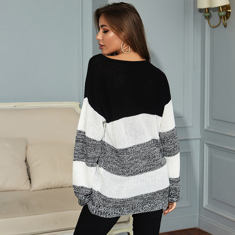 Damen Oversize Longpullover mit Blockstreifen und Rundhalsausschnitt Drune