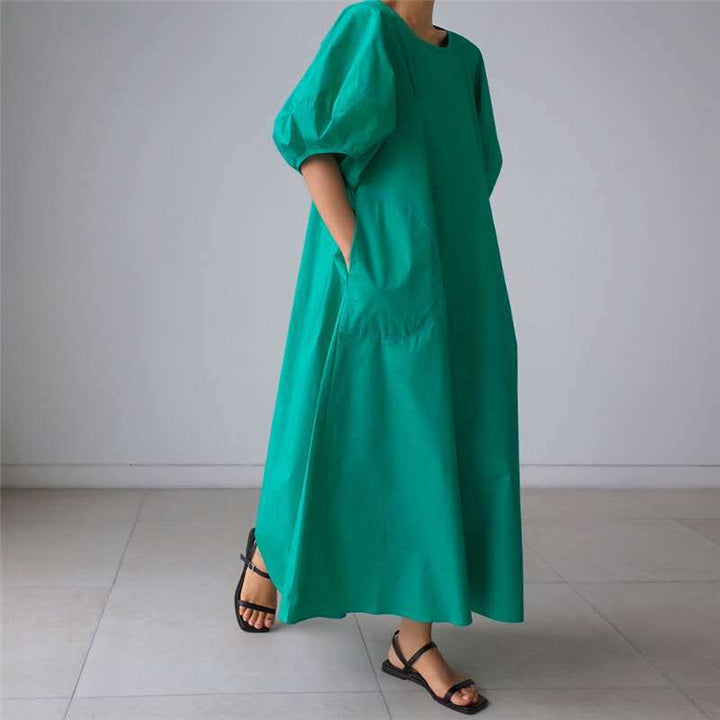 Damen Luftiges Baumwoll‑Poplin Maxi‑Kleid mit voluminösen Puffärmeln, A‑Linien‑Silhouette und Seitentaschen Drune