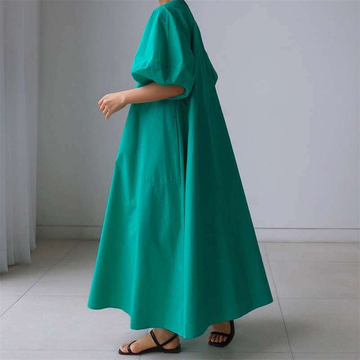 Damen Luftiges Baumwoll‑Poplin Maxi‑Kleid mit voluminösen Puffärmeln, A‑Linien‑Silhouette und Seitentaschen Drune