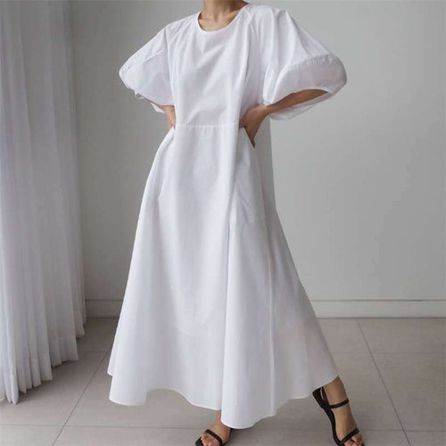 Damen Luftiges Baumwoll‑Poplin Maxi‑Kleid mit voluminösen Puffärmeln, A‑Linien‑Silhouette und Seitentaschen Drune