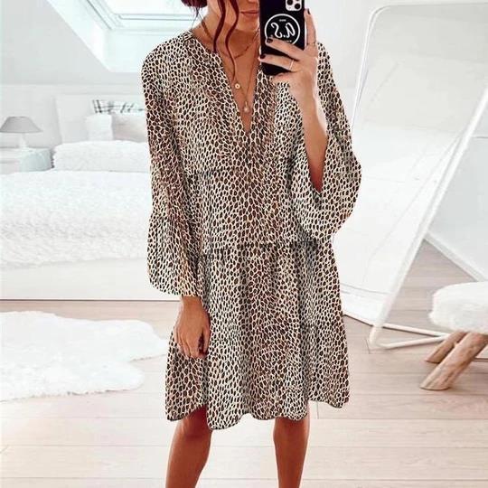 Damen lässiges Blusenkleid mit Volantärmeln und tierischem Muster Drune