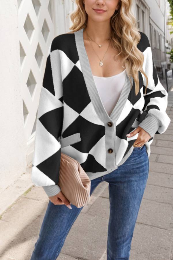 Drune | Hals Diamantstich Kontrastfarbe Lockere Gestrickte Cardigan Jacke für Frauen