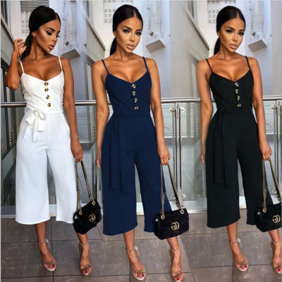 Damen Jumpsuit mit elegantem V-Ausschnitt und seitlichem Gürtel Drune