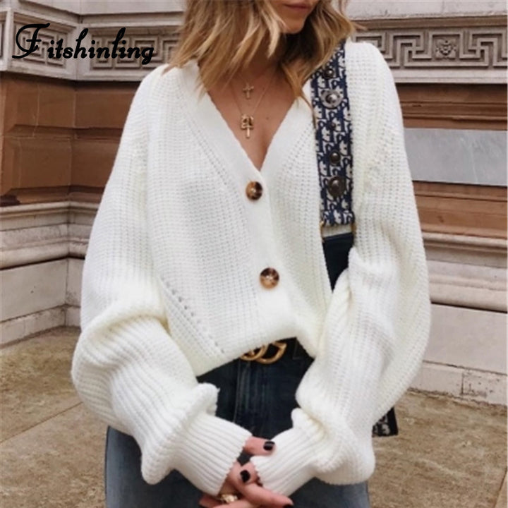 Damen Grobstrick Cardigan mit V-Ausschnitt und Holzknöpfen Drune