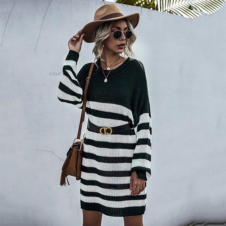 Damen Gestreiftes Strickmidikleid mit Oversize-Passform, Raglanärmeln und gerippten Abschlüssen Drune