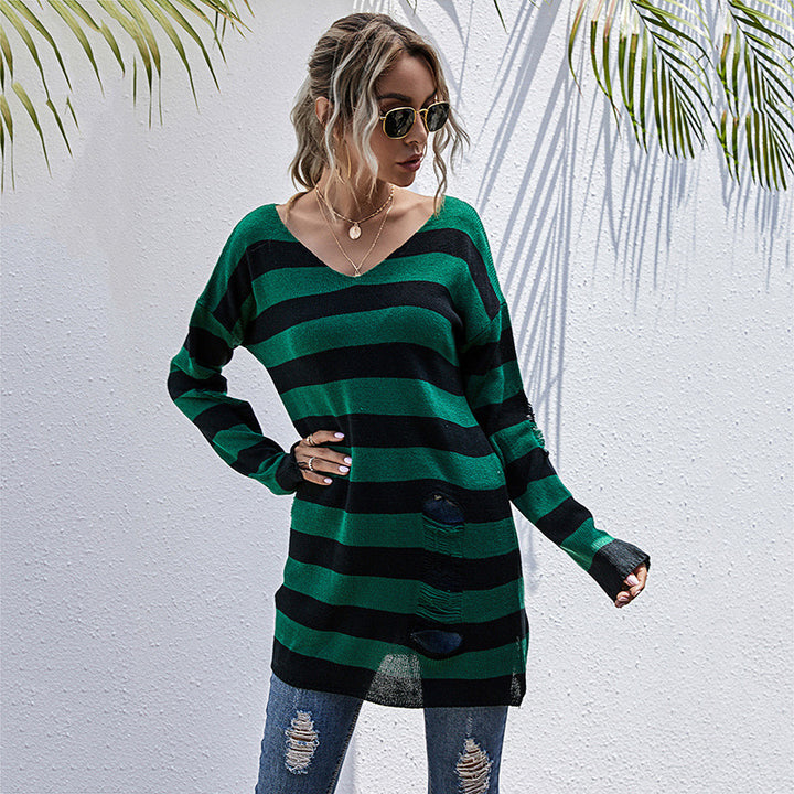 Damen Lässiger Longpullover mit V‑Ausschnitt, Grobstrickstreifen und Löcherdetails Drune