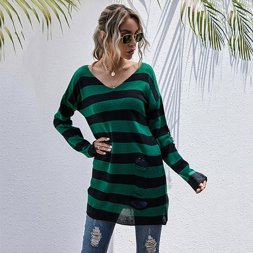 Damen Lässiger Longpullover mit V‑Ausschnitt, Grobstrickstreifen und Löcherdetails Drune