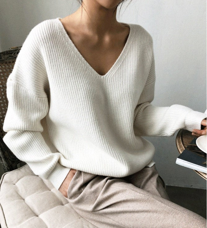 Damen V-Ausschnitt Strickpullover mit strukturierter Oberfläche Drune