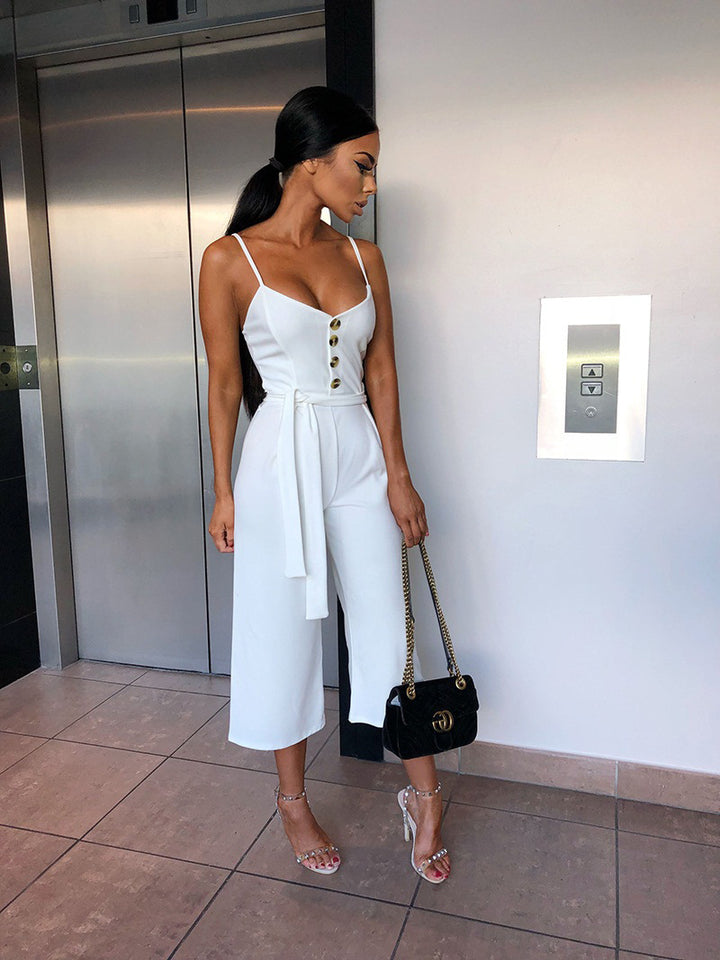 Damen Jumpsuit mit elegantem V-Ausschnitt und seitlichem Gürtel Drune