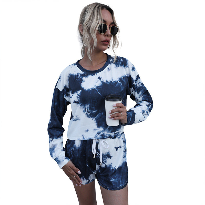 Damen Zweiteiliges Lounge-Set aus Baumwollmix mit Batik-Print, Cropped Sweatshirt & Elastik-Shorts Drune