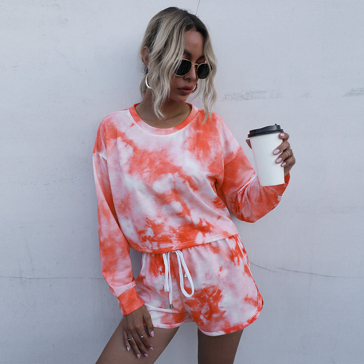 Damen Zweiteiliges Lounge-Set aus Baumwollmix mit Batik-Print, Cropped Sweatshirt & Elastik-Shorts Drune