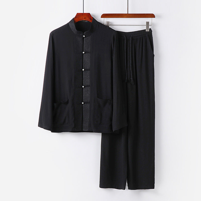 Herren Traditionelles Baumwoll-Loungewear-Set mit Stehkragen Knotenknöpfen und Kordelbundhose Drune