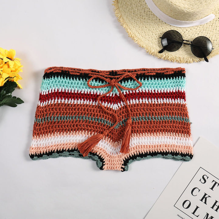 Damen Häkelstrandshorts mit verstellbarem Bund und einzigartigem Streifenmuster Drune