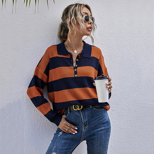 Damen gestreifter Poloshirt-Pullover mit Knopfdetail und lässigem Schnitt Drune