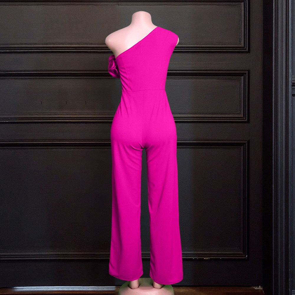 Damen eleganter Jumpsuit mit asymmetrischem Schnitt und voluminösen Rüschendetails Drune