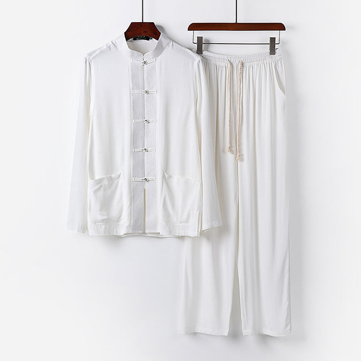 Herren Traditionelles Baumwoll-Loungewear-Set mit Stehkragen Knotenknöpfen und Kordelbundhose Drune