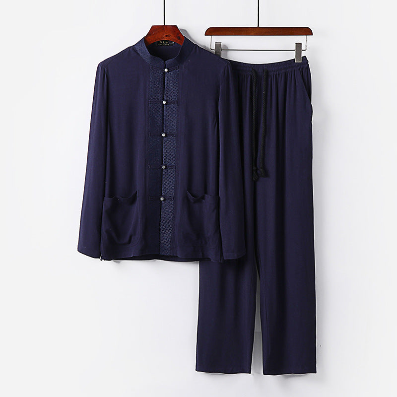 Herren Traditionelles Baumwoll-Loungewear-Set mit Stehkragen Knotenknöpfen und Kordelbundhose Drune