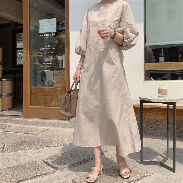 Damen Midikleid aus leichter Baumwollmix mit voluminösen Ballonärmeln und ausgestelltem Rock Drune