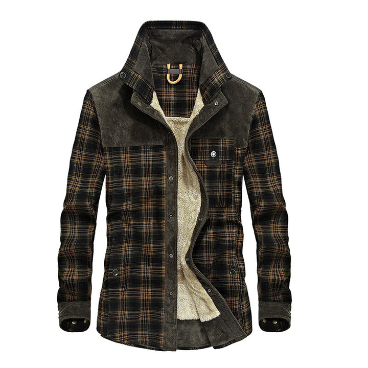 Herren lässige Flanell-Fieldshirt-Jacke mit Teddy-Innenfutter und Cord-Besätzen Drune