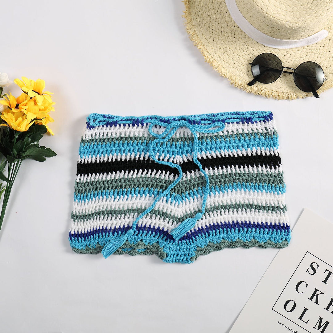 Damen Häkelstrandshorts mit verstellbarem Bund und einzigartigem Streifenmuster Drune