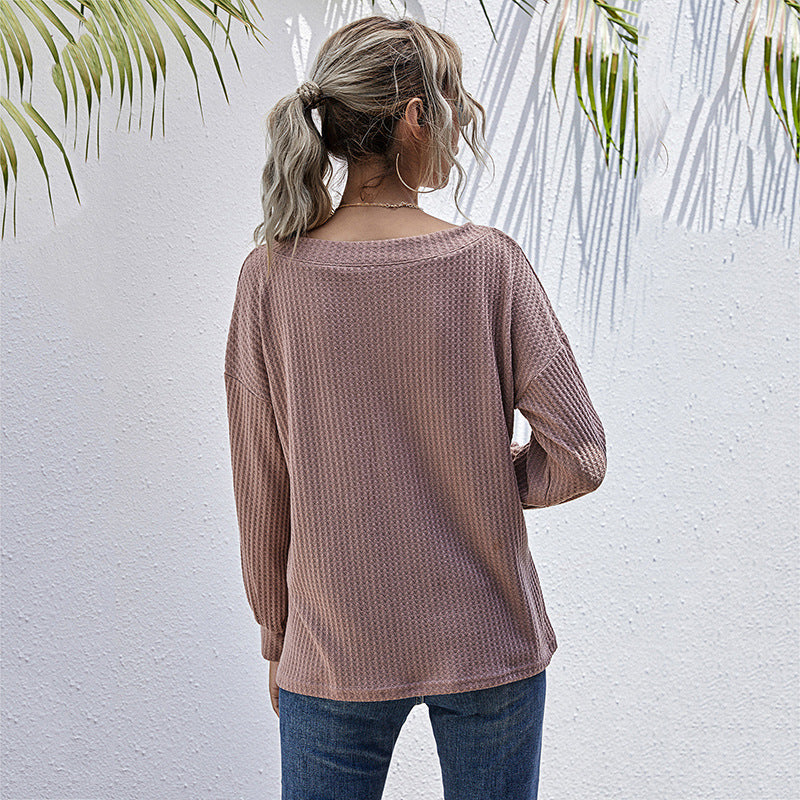 Damen Lockeres Waffelstrick-Longsleeve mit V-Ausschnitt und gerippten Bündchen Drune