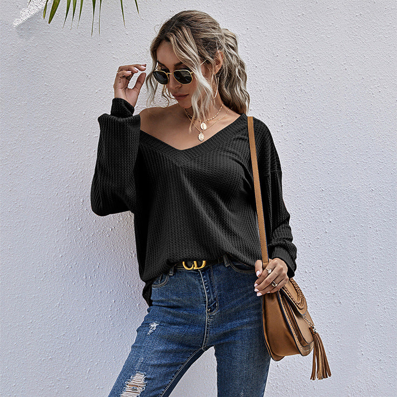 Damen Waffelstrick-Longsleeve mit V-Ausschnitt und überschnittener Schulter Drune