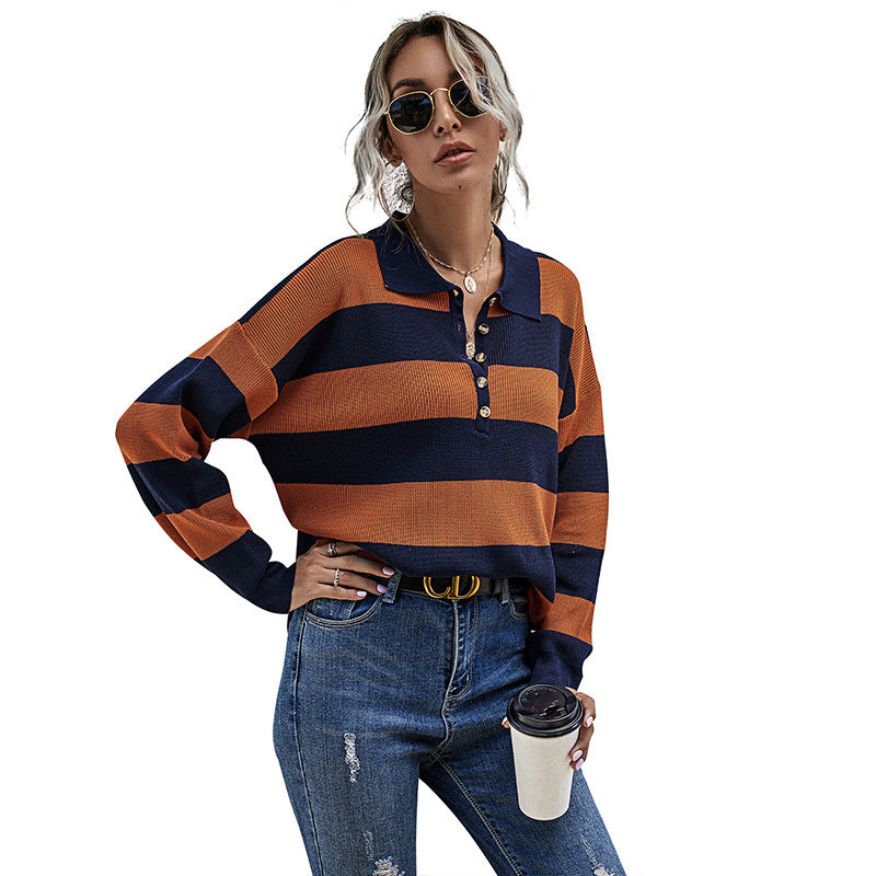 Damen gestreifter Poloshirt-Pullover mit Knopfdetail und lässigem Schnitt Drune