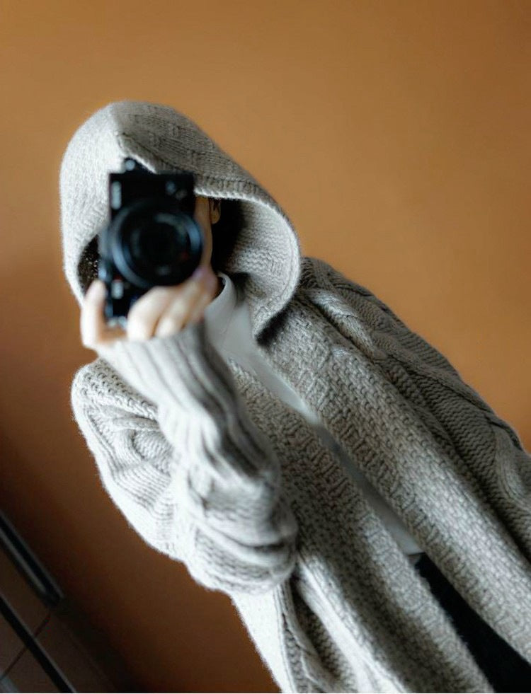 Damen Grobstrick Cardigan mit Kapuze und strukturierter Oberfläche Drune