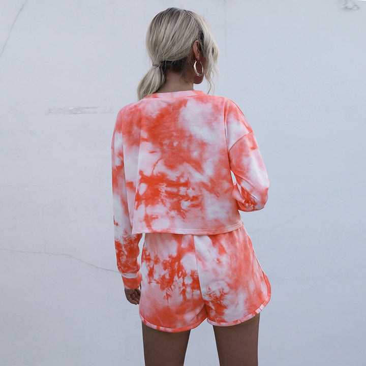 Damen Zweiteiliges Lounge-Set aus Baumwollmix mit Batik-Print, Cropped Sweatshirt & Elastik-Shorts Drune