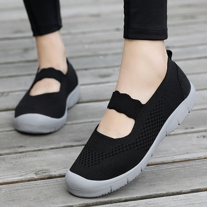 Damen nan elastischer Komfort-Ballerina mit welligem Riemen atmungsaktivem Strickoberteil und flexibler Profillaufsohle Drune