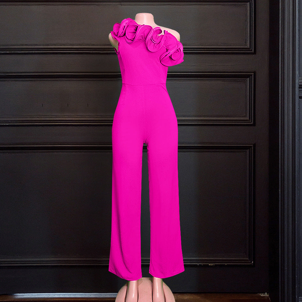 Damen eleganter Jumpsuit mit asymmetrischem Schnitt und voluminösen Rüschendetails Drune