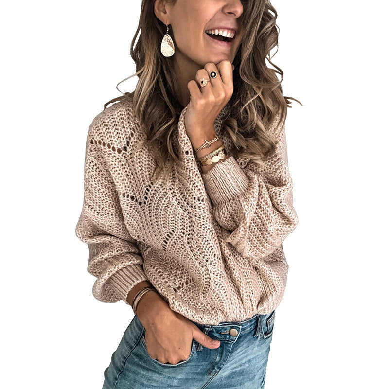 Damen Oversize Grobstrickpullover mit Ajourmuster und weitem Rundhalsausschnitt Drune