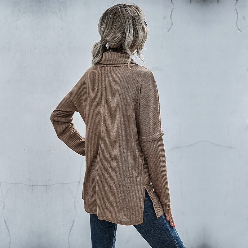 Damen Gerippter Feinstrick-Longsleeve mit Rollkragen, Seitenschlitzen und verlängertem Rückenteil Drune