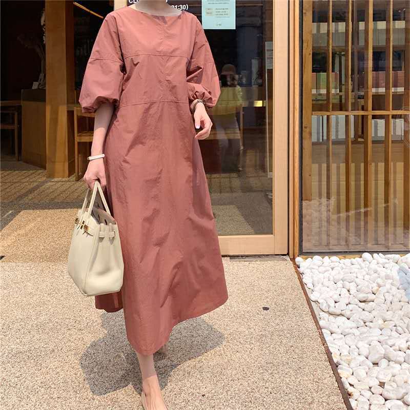 Damen Midikleid aus leichter Baumwollmix mit voluminösen Ballonärmeln und ausgestelltem Rock Drune