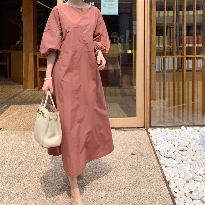 Damen Midikleid aus leichter Baumwollmix mit voluminösen Ballonärmeln und ausgestelltem Rock Drune