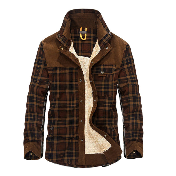 Herren lässige Flanell-Fieldshirt-Jacke mit Teddy-Innenfutter und Cord-Besätzen Drune
