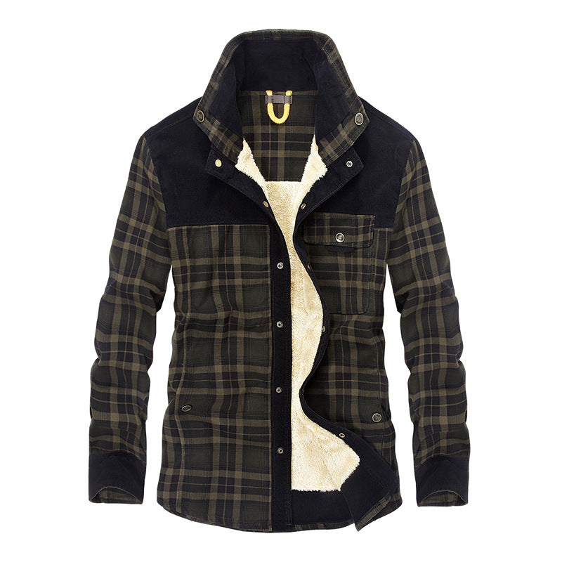 Herren lässige Flanell-Fieldshirt-Jacke mit Teddy-Innenfutter und Cord-Besätzen Drune