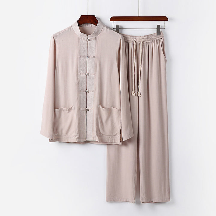 Herren Traditionelles Baumwoll-Loungewear-Set mit Stehkragen Knotenknöpfen und Kordelbundhose Drune