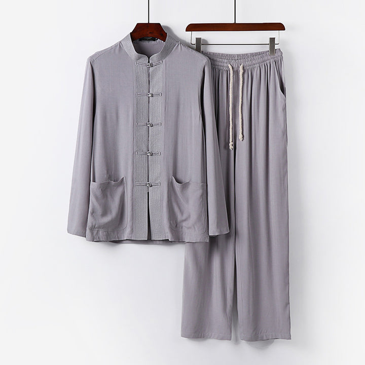 Herren Traditionelles Baumwoll-Loungewear-Set mit Stehkragen Knotenknöpfen und Kordelbundhose Drune