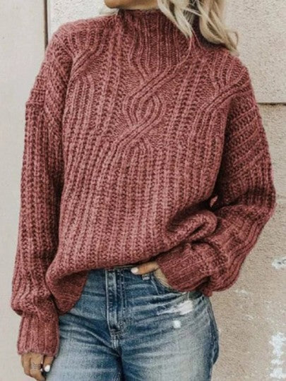 Damen Grobstrickpullover mit hohem Kragen und Zopfdetails Drune
