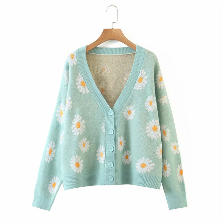 Damen Strickjacke mit floralem Design und V-Ausschnitt Drune