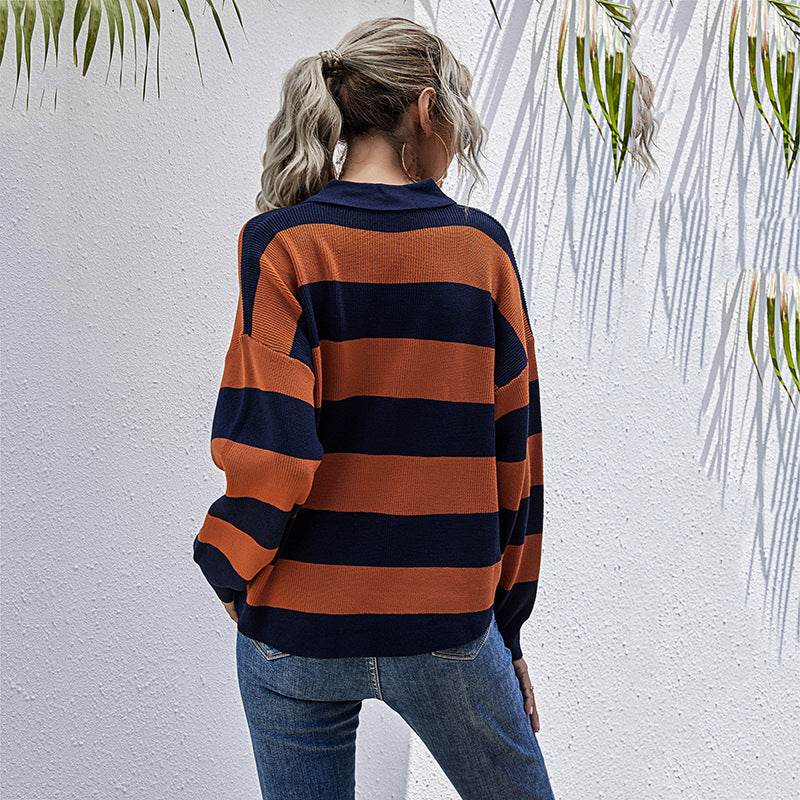 Damen gestreifter Poloshirt-Pullover mit Knopfdetail und lässigem Schnitt Drune