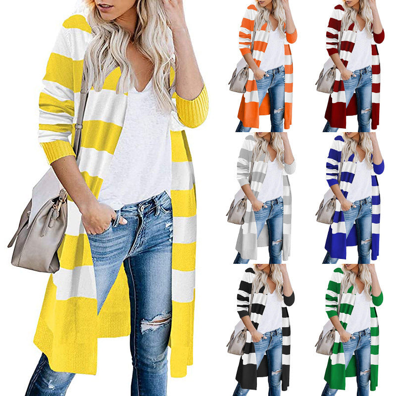 Damen Lange Strickjacke mit Streifen-Muster und offenen Front Drune