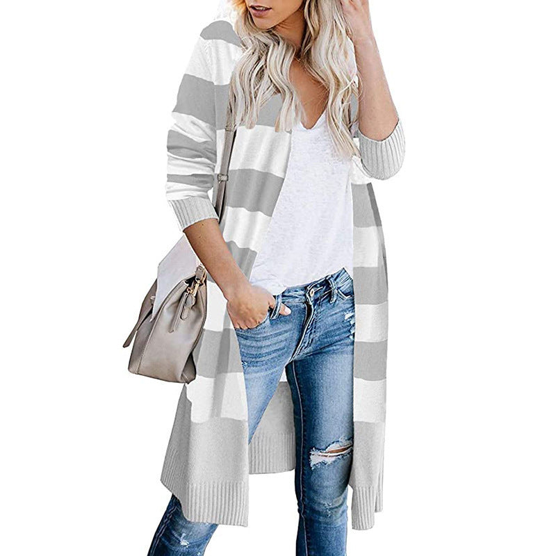 Damen Lange Strickjacke mit Streifen-Muster und offenen Front Drune