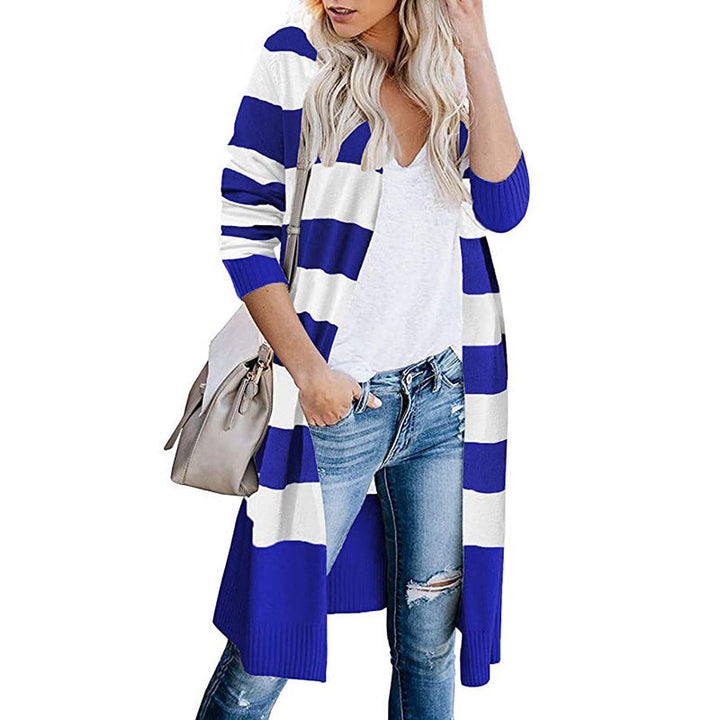 Damen Lange Strickjacke mit Streifen-Muster und offenen Front Drune
