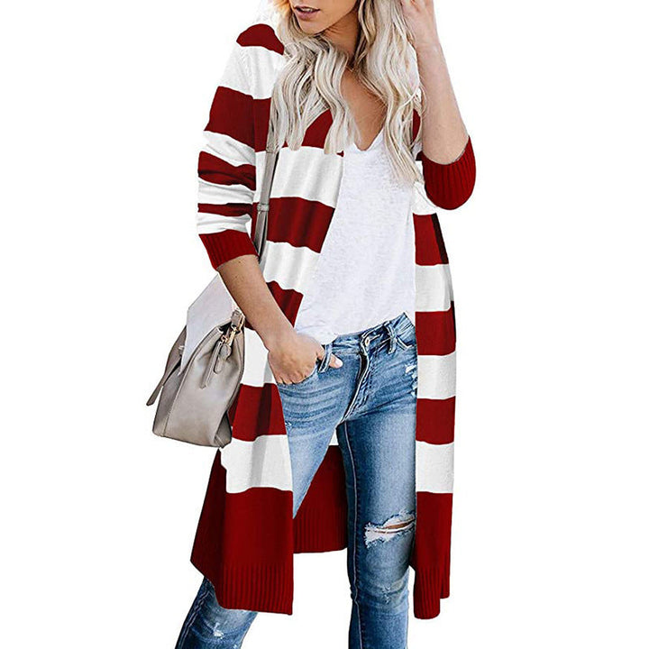 Damen Lange Strickjacke mit Streifen-Muster und offenen Front Drune