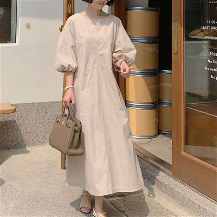 Damen Midikleid aus leichter Baumwollmix mit voluminösen Ballonärmeln und ausgestelltem Rock Drune