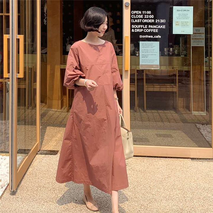Damen Midikleid aus leichter Baumwollmix mit voluminösen Ballonärmeln und ausgestelltem Rock Drune