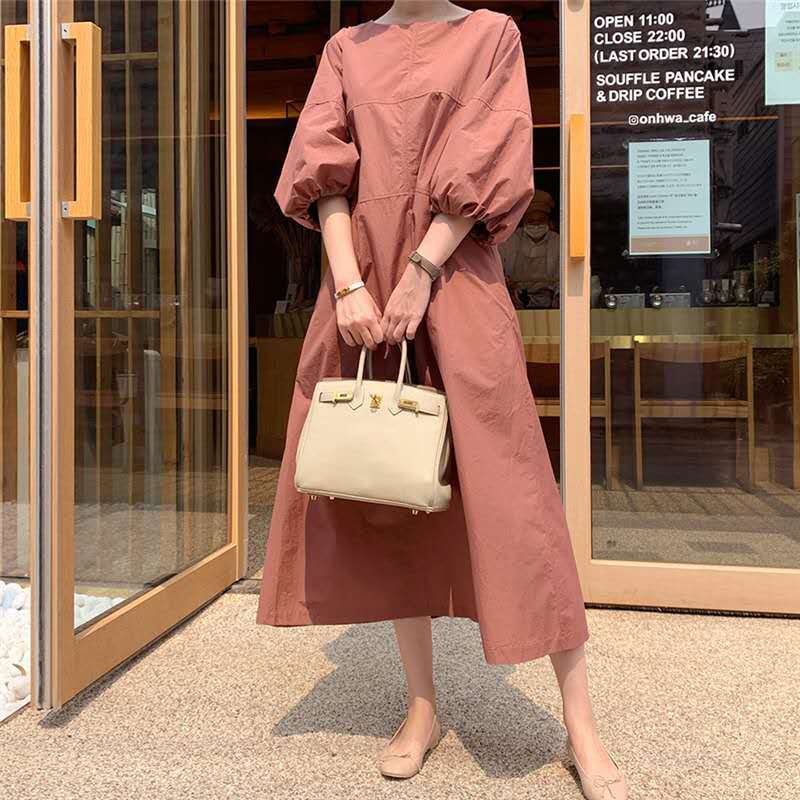 Damen Midikleid aus leichter Baumwollmix mit voluminösen Ballonärmeln und ausgestelltem Rock Drune
