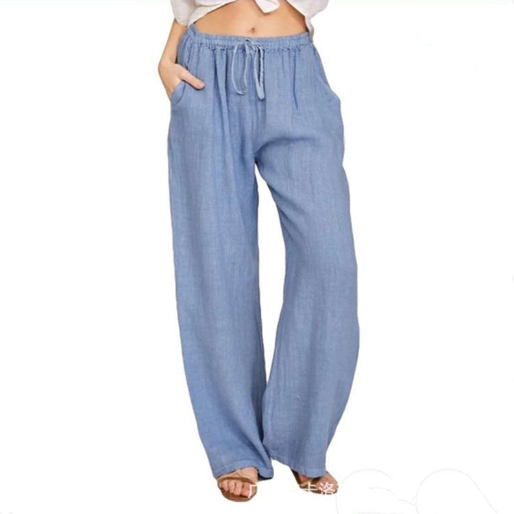 Damen nan weite Leinenhose mit elastischem Bund Kordelzug und Seitentaschen Drune